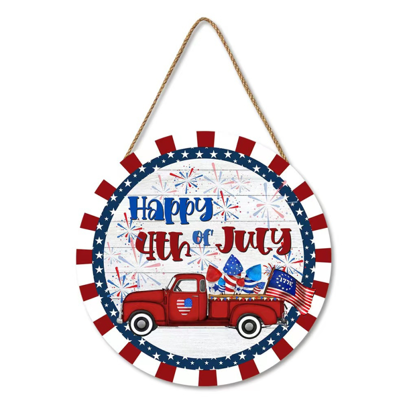 Kerek, fa falidísz, Amerikai Függetlenség Napja zászló motívummal, nappali dekorációhoz és ajtójelzőhöz (faragott, nyomtatott, félig manuális kivitelezés)