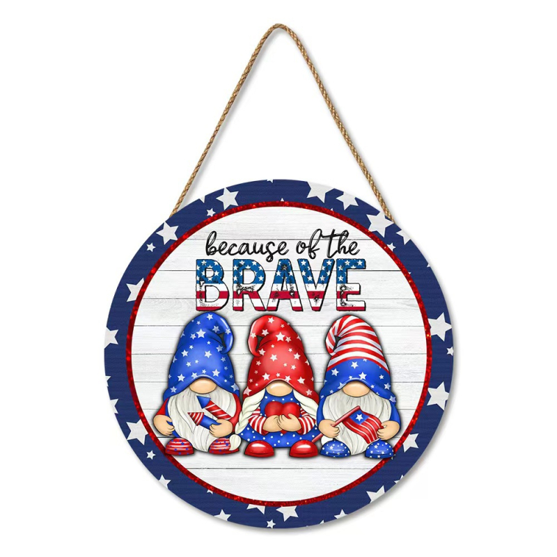 Kerek, fa falidísz, Amerikai Függetlenség Napja zászló motívummal, nappali dekorációhoz és ajtójelzőhöz (faragott, nyomtatott, félig manuális kivitelezés)