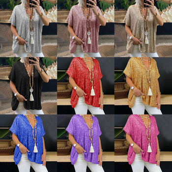 Μπλουζάκι με παγιέτες και πολυεστέρα, V-λαιμό, κοντά μανίκια, χαλαρή γραμμή, σχέδιο κολάζ