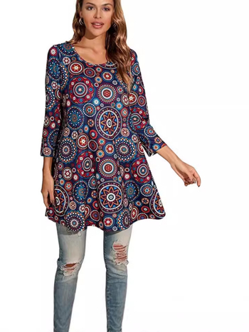 Γυναικείο τοπ με φλοράλ μοτίβο, Milk Silk ύφασμα, 3/4 μανίκια, στρογγυλός λαιμός, φαρδιά γραμμή