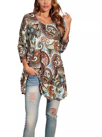 Γυναικείο τοπ με φλοράλ μοτίβο, Milk Silk ύφασμα, 3/4 μανίκια, στρογγυλός λαιμός, φαρδιά γραμμή