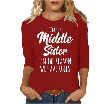 Тениска с принт на букви, ръкав 3/4, кръгло деколте, есен 2023