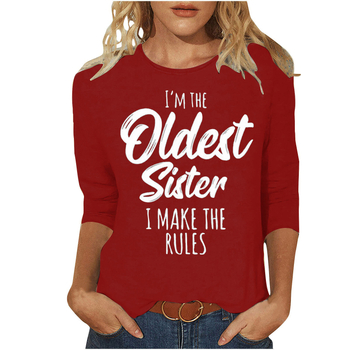 Тениска с принт на букви, ръкав 3/4, кръгло деколте, есен 2023