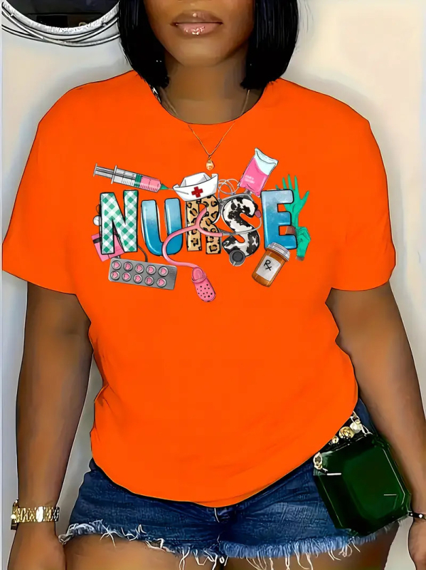 Ženska T majica s 3D printom slova, kratki rukavi, okrugli izrez, slobodan kroj, poliester