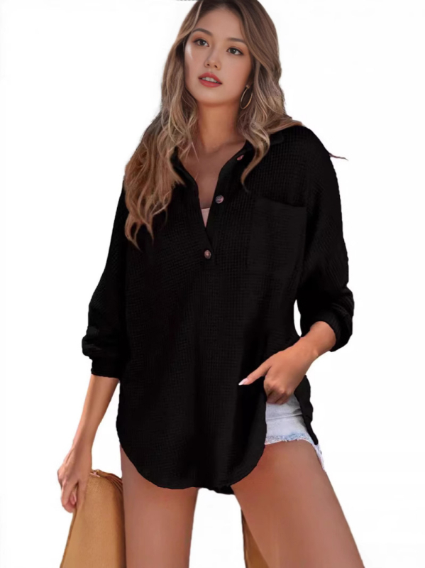 Waffle kötött pulóver regenerált cellulóz rostból, lazán szabott fazon, hosszú ujjú, galléros nyak, ősz 2024