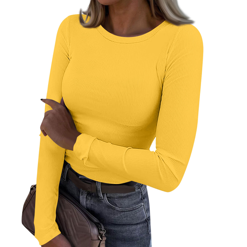 Tricou damă cu mâneci lungi din chenille, guler rotund, croi slim, amestec viscoză-spandex, detaliu colaj