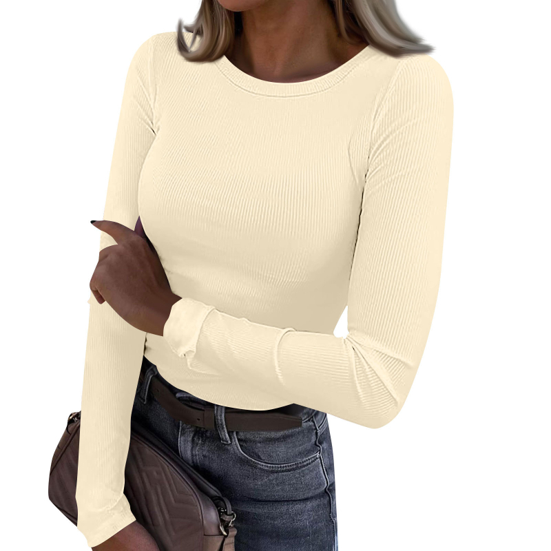 Tricou damă cu mâneci lungi din chenille, guler rotund, croi slim, amestec viscoză-spandex, detaliu colaj