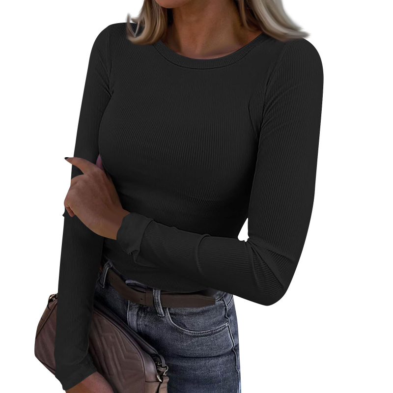 Tricou damă cu mâneci lungi din chenille, guler rotund, croi slim, amestec viscoză-spandex, detaliu colaj