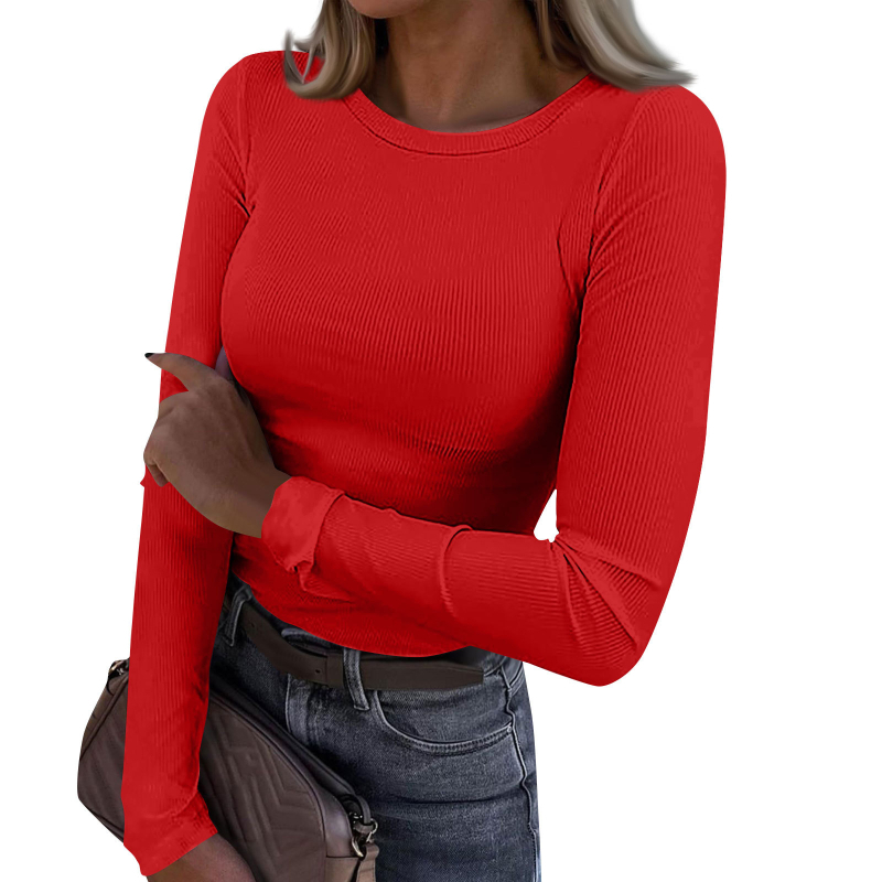 Tricou damă cu mâneci lungi din chenille, guler rotund, croi slim, amestec viscoză-spandex, detaliu colaj