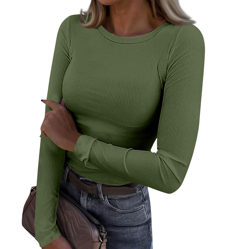 Tricou damă cu mâneci lungi din chenille, guler rotund, croi slim, amestec viscoză-spandex, detaliu colaj