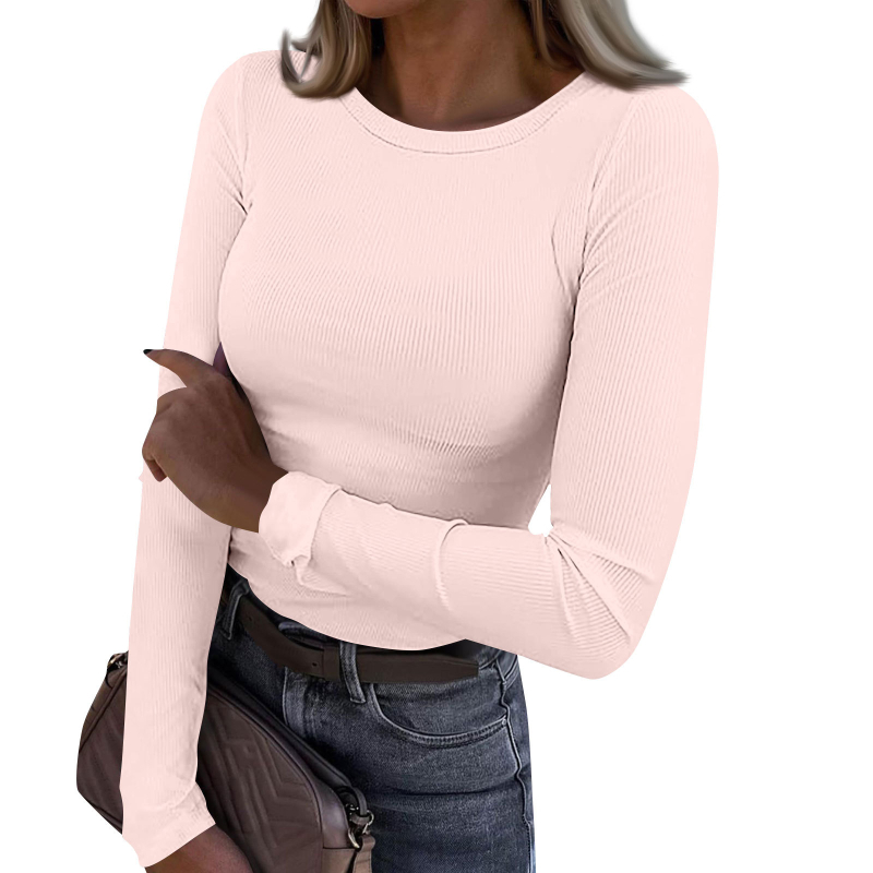 Tricou damă cu mâneci lungi din chenille, guler rotund, croi slim, amestec viscoză-spandex, detaliu colaj