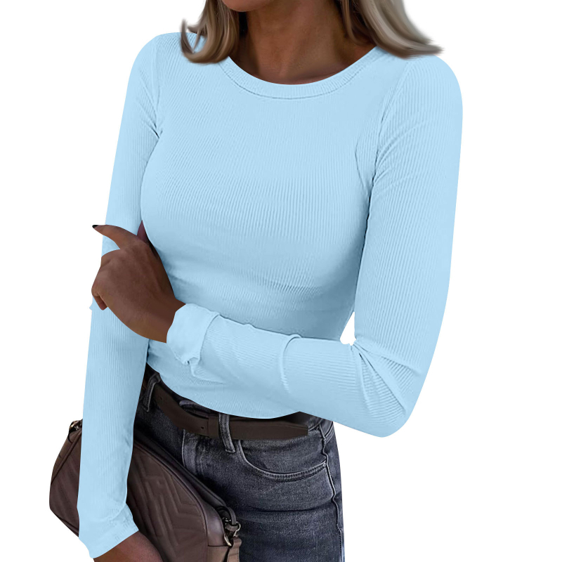 Tricou damă cu mâneci lungi din chenille, guler rotund, croi slim, amestec viscoză-spandex, detaliu colaj