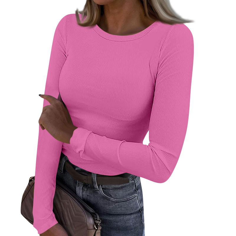 Tricou damă cu mâneci lungi din chenille, guler rotund, croi slim, amestec viscoză-spandex, detaliu colaj