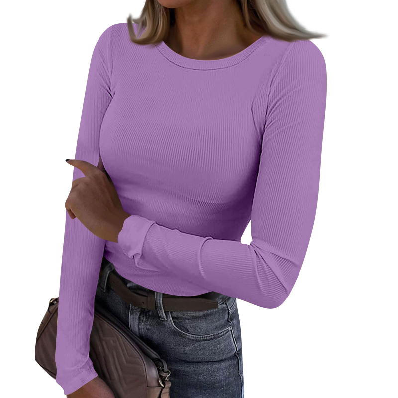 Tricou damă cu mâneci lungi din chenille, guler rotund, croi slim, amestec viscoză-spandex, detaliu colaj