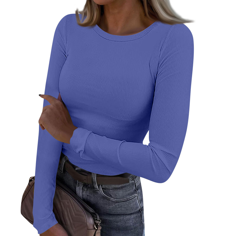 Tricou damă cu mâneci lungi din chenille, guler rotund, croi slim, amestec viscoză-spandex, detaliu colaj
