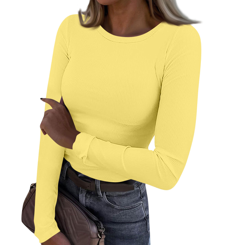 Tricou damă cu mâneci lungi din chenille, guler rotund, croi slim, amestec viscoză-spandex, detaliu colaj