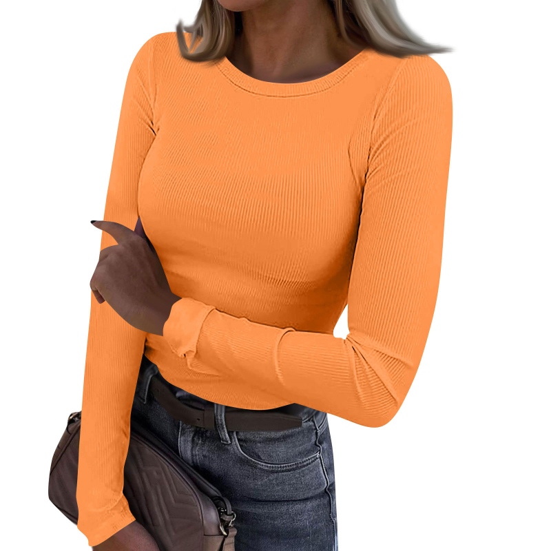 Tricou damă cu mâneci lungi din chenille, guler rotund, croi slim, amestec viscoză-spandex, detaliu colaj