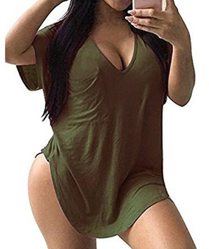 Tricou damă din amestec bumbac-poliester, decolteu în V, mânecă bat, croială lejeră, model uni