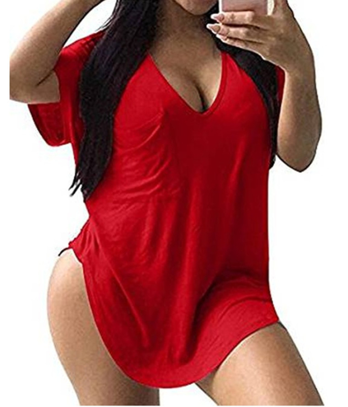 Tricou damă din amestec bumbac-poliester, decolteu în V, mânecă bat, croială lejeră, model uni
