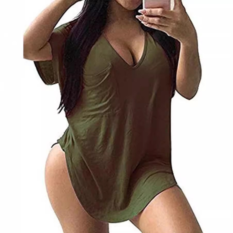 Tricou damă din amestec bumbac-poliester, decolteu în V, mânecă bat, croială lejeră, model uni