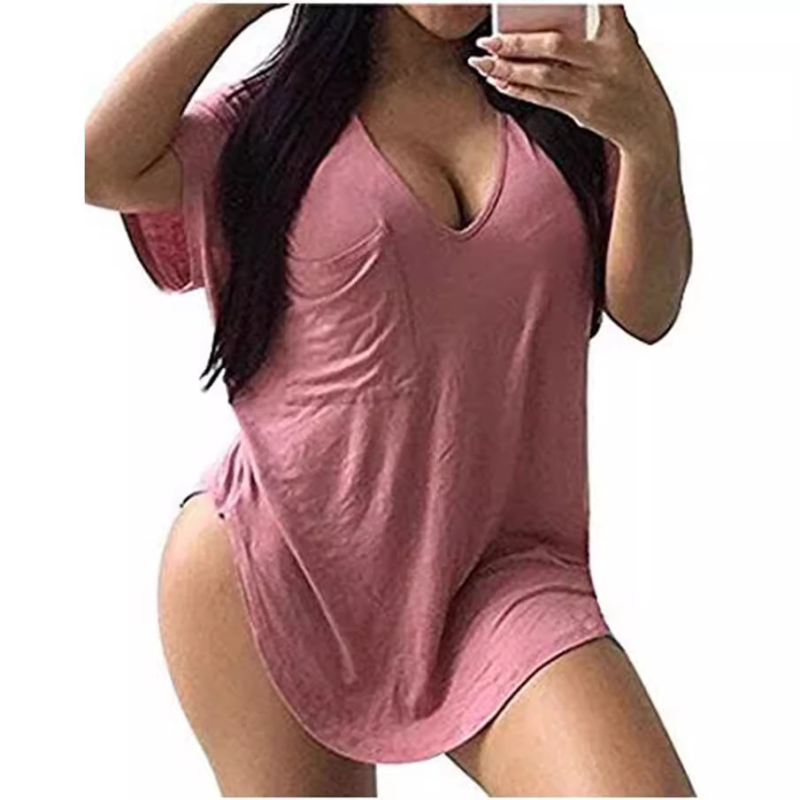 Tricou damă din amestec bumbac-poliester, decolteu în V, mânecă bat, croială lejeră, model uni