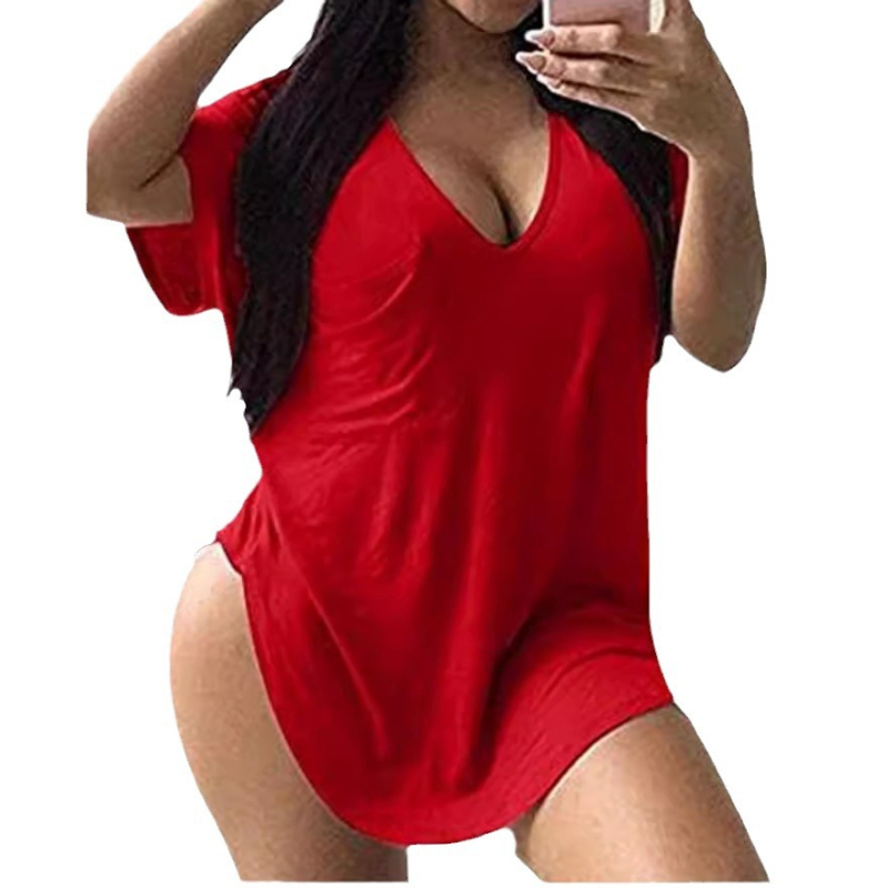 Tricou damă din amestec bumbac-poliester, decolteu în V, mânecă bat, croială lejeră, model uni