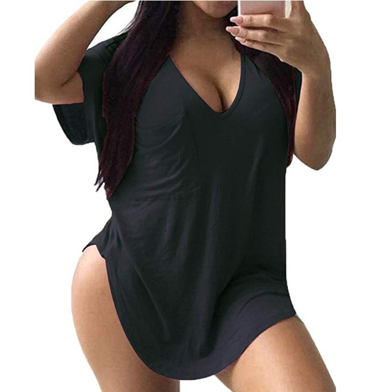 Tricou damă din amestec bumbac-poliester, decolteu în V, mânecă bat, croială lejeră, model uni