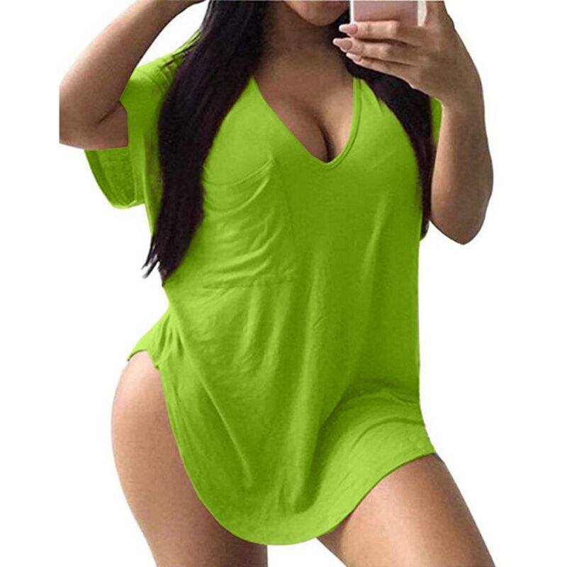 Tricou damă din amestec bumbac-poliester, decolteu în V, mânecă bat, croială lejeră, model uni