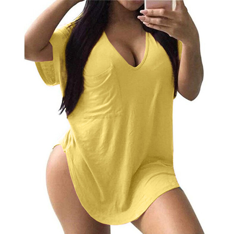 Tricou damă din amestec bumbac-poliester, decolteu în V, mânecă bat, croială lejeră, model uni
