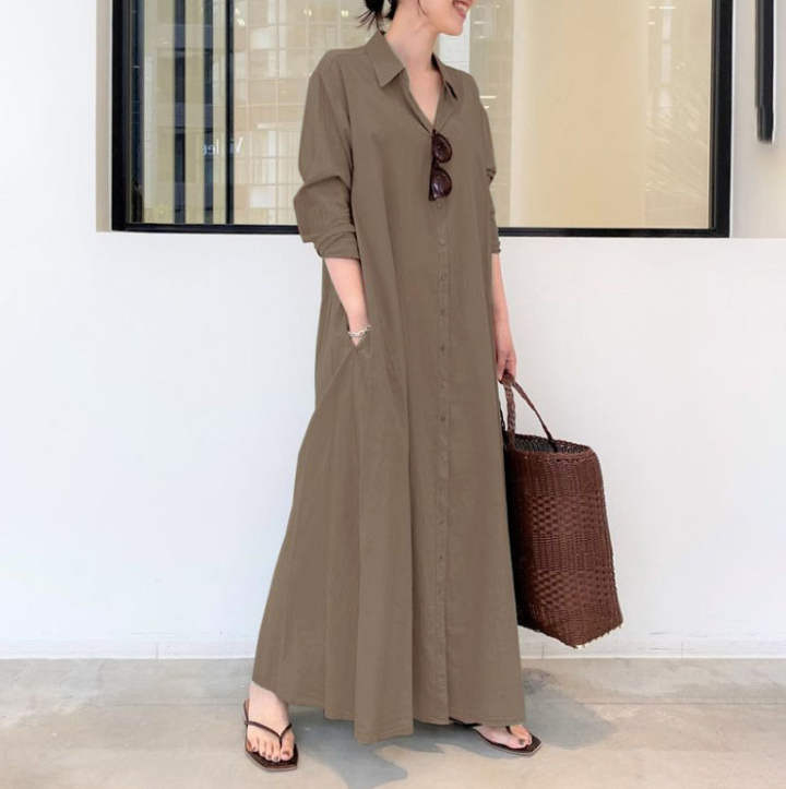 Rochie lungă patchwork cu guler rever, mâneci lungi, talie lejeră, amestec poliester-elastan