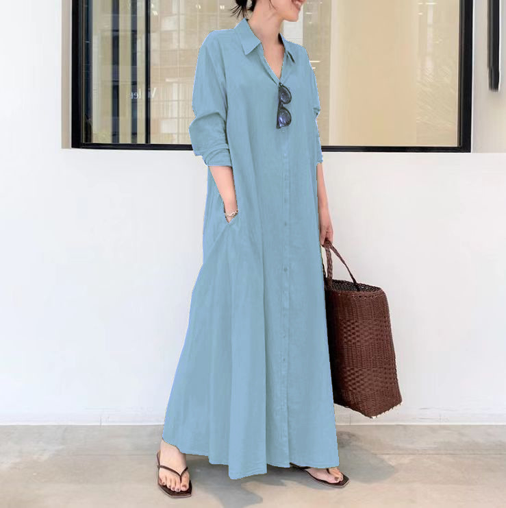 Rochie lungă patchwork cu guler rever, mâneci lungi, talie lejeră, amestec poliester-elastan