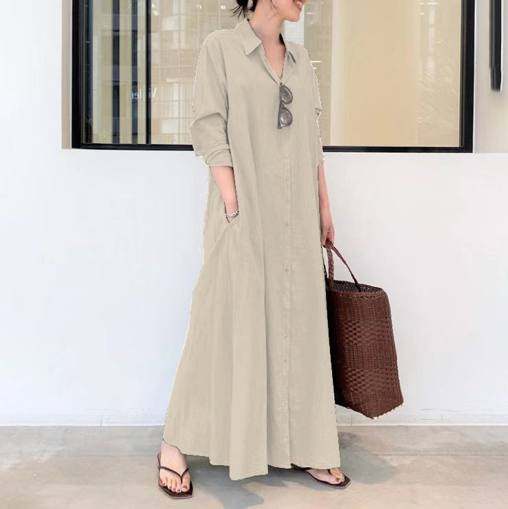 Rochie lungă patchwork cu guler rever, mâneci lungi, talie lejeră, amestec poliester-elastan