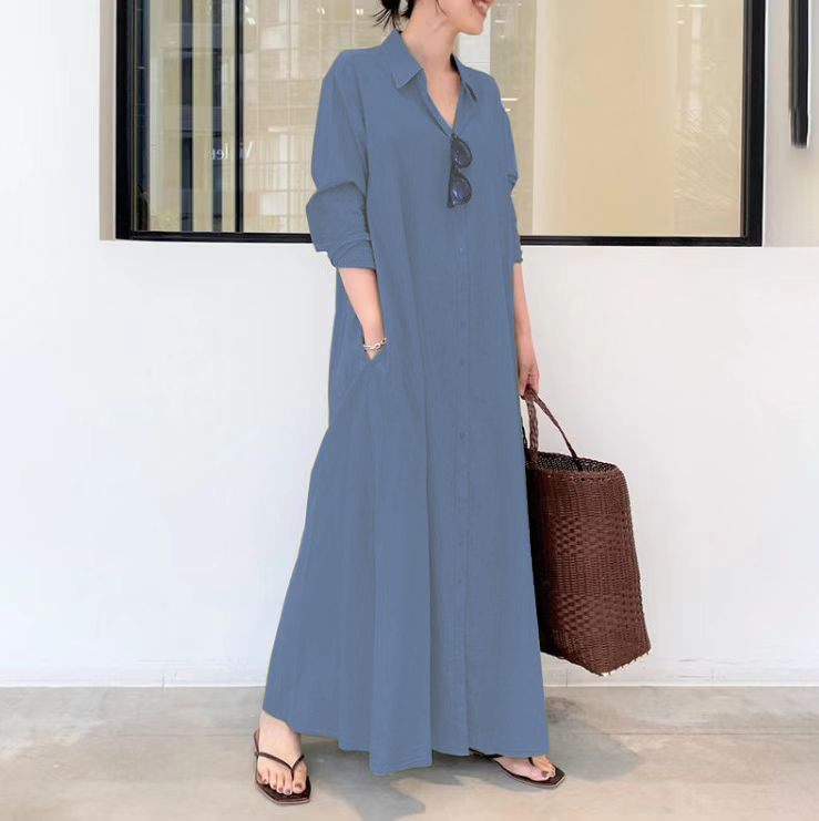 Rochie lungă patchwork cu guler rever, mâneci lungi, talie lejeră, amestec poliester-elastan
