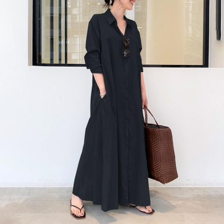Rochie lungă patchwork cu guler rever, mâneci lungi, talie lejeră, amestec poliester-elastan