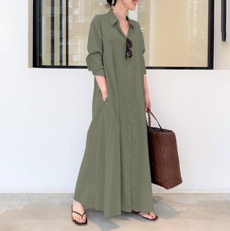 Rochie lungă patchwork cu guler rever, mâneci lungi, talie lejeră, amestec poliester-elastan