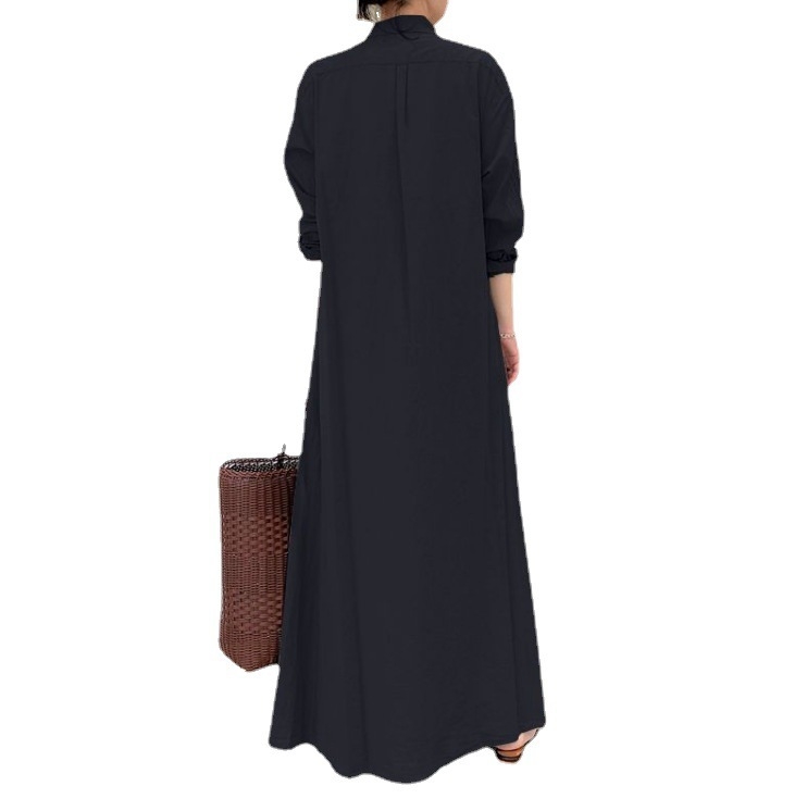 Rochie lungă patchwork cu guler rever, mâneci lungi, talie lejeră, amestec poliester-elastan