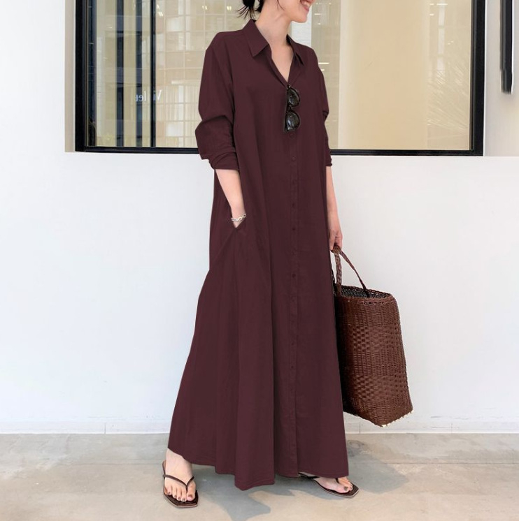Rochie lungă patchwork cu guler rever, mâneci lungi, talie lejeră, amestec poliester-elastan