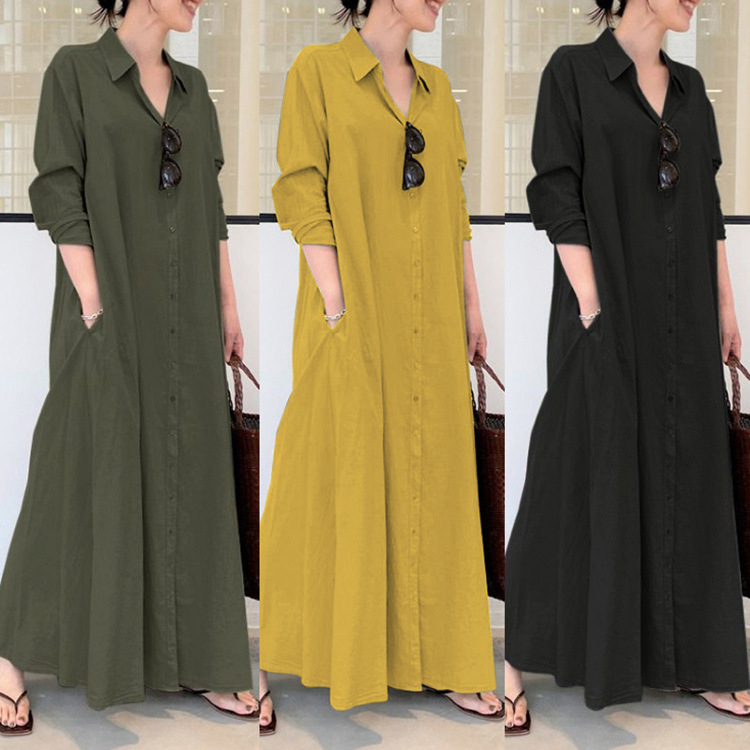 Rochie lungă patchwork cu guler rever, mâneci lungi, talie lejeră, amestec poliester-elastan