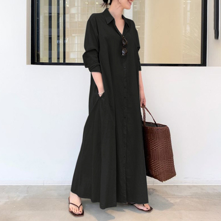 Rochie lungă patchwork cu guler rever, mâneci lungi, talie lejeră, amestec poliester-elastan