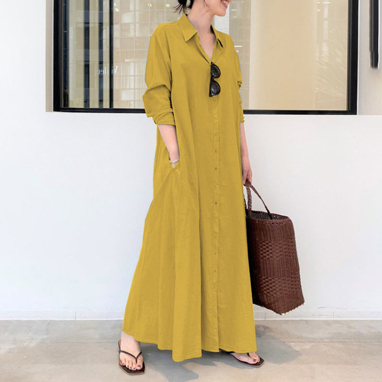 Rochie lungă patchwork cu guler rever, mâneci lungi, talie lejeră, amestec poliester-elastan