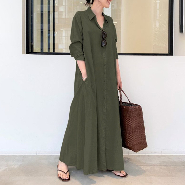 Rochie lungă patchwork cu guler rever, mâneci lungi, talie lejeră, amestec poliester-elastan