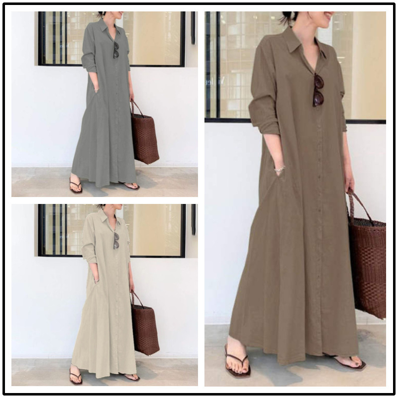 Rochie lungă patchwork cu guler rever, mâneci lungi, talie lejeră, amestec poliester-elastan