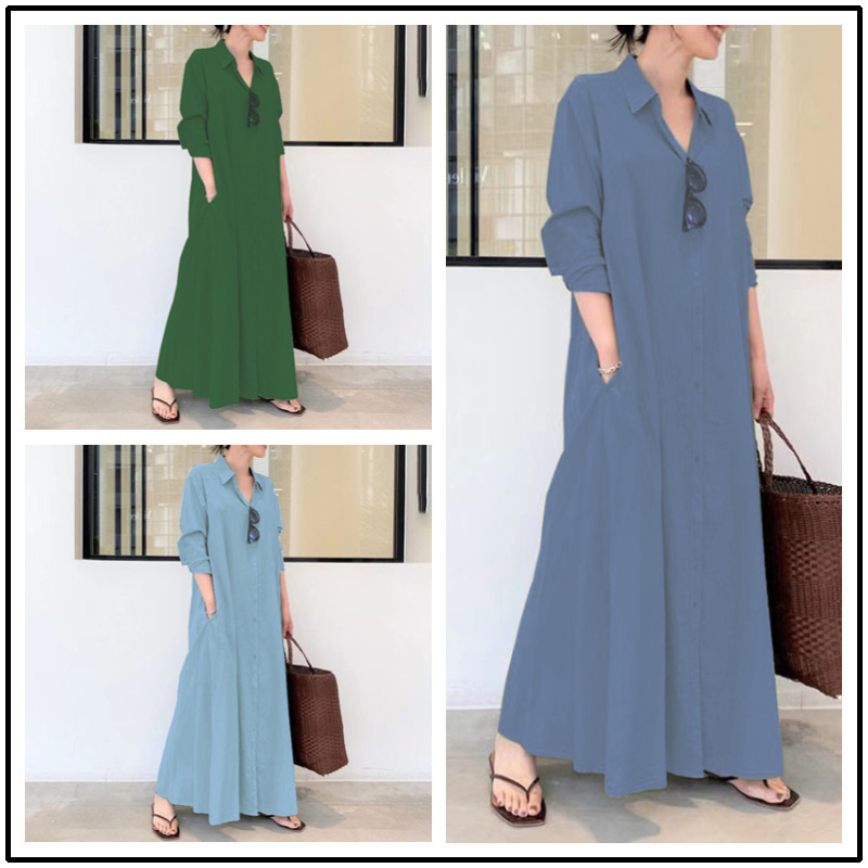 Rochie lungă patchwork cu guler rever, mâneci lungi, talie lejeră, amestec poliester-elastan