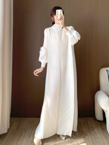 Rochie plisată în linie A, lungă, poliester, guler rotund, mâneci felinar
