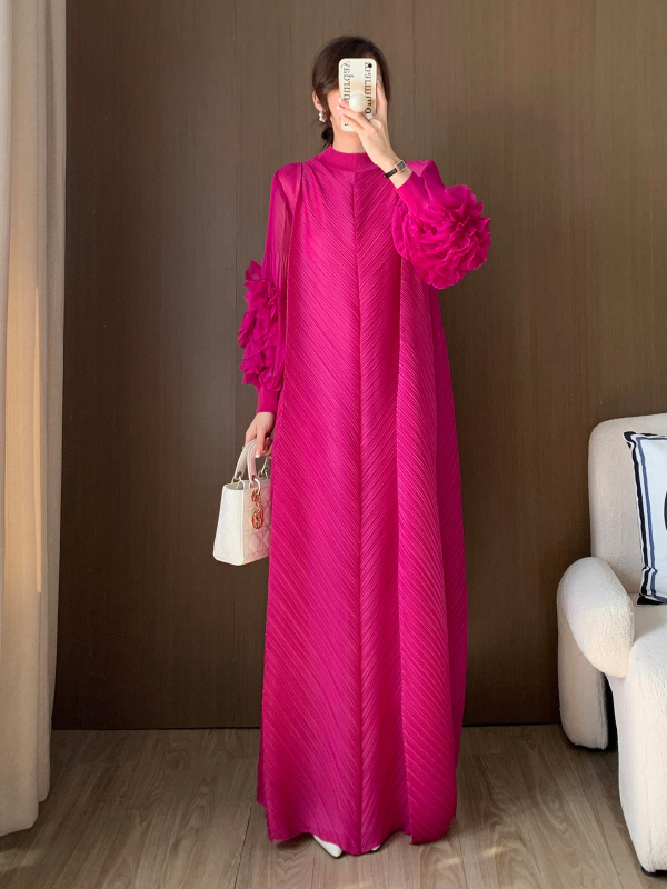 Rochie plisată în linie A, lungă, poliester, guler rotund, mâneci felinar