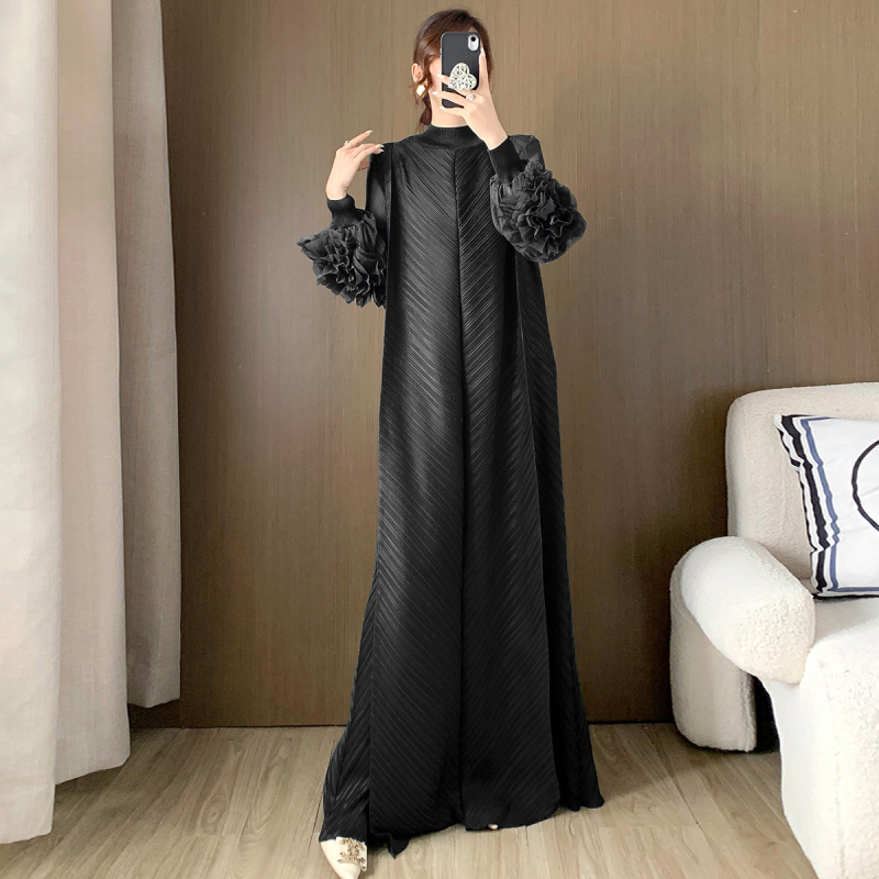 Rochie plisată în linie A, lungă, poliester, guler rotund, mâneci felinar