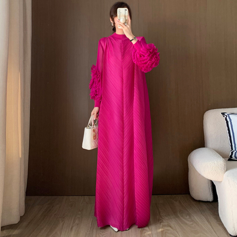 Rochie plisată în linie A, lungă, poliester, guler rotund, mâneci felinar