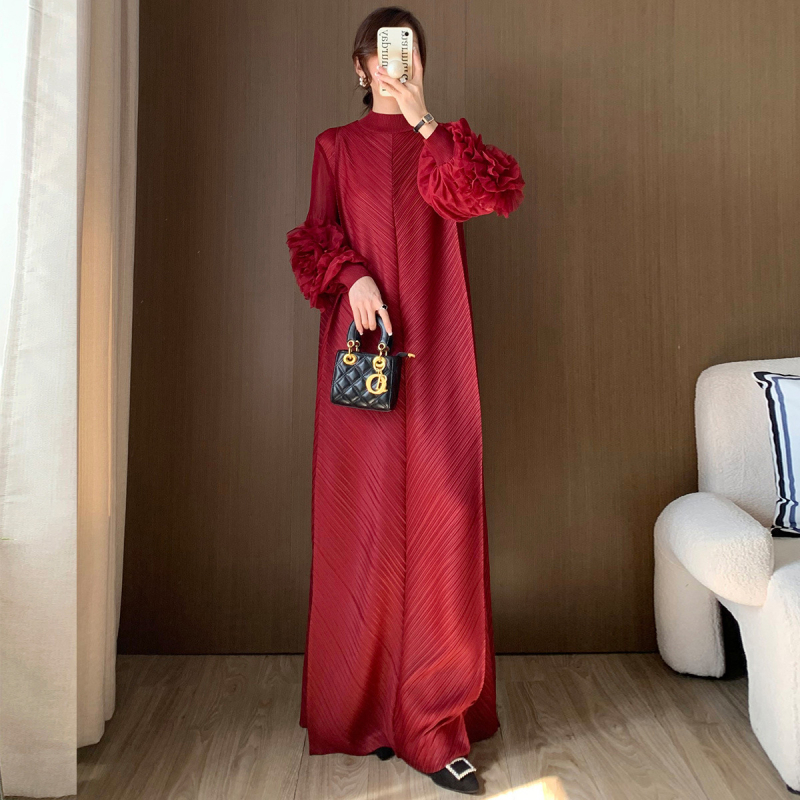 Rochie plisată în linie A, lungă, poliester, guler rotund, mâneci felinar