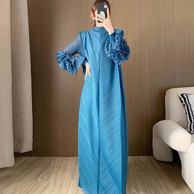 Rochie plisată în linie A, lungă, poliester, guler rotund, mâneci felinar