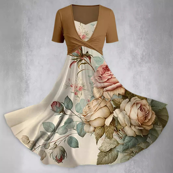 Флорална рокля в А-линеен силует, къси ръкави, пуловер стил, изглед на две части, полиестерова материя